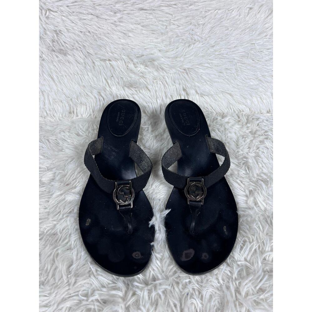Gucci Shoes Womens Size 8 Black Logo Leather Sandals Slide Thong Made in Italy